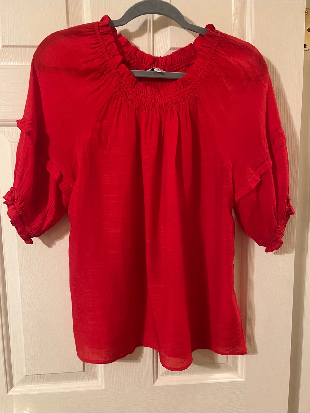 NWOT Nanette Lepore Red Peasant Blouse with Smocked Neck and Ruffle Sleeve Small